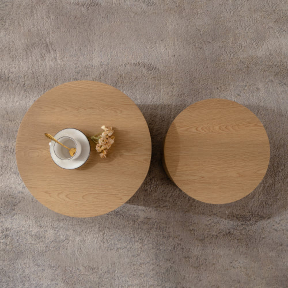 Nesting Coffee Table Set of 2, Round Wooden Modern Design, Space-Saving Accent End Side Tables for Small Living Room, Bedroom Office - Natural