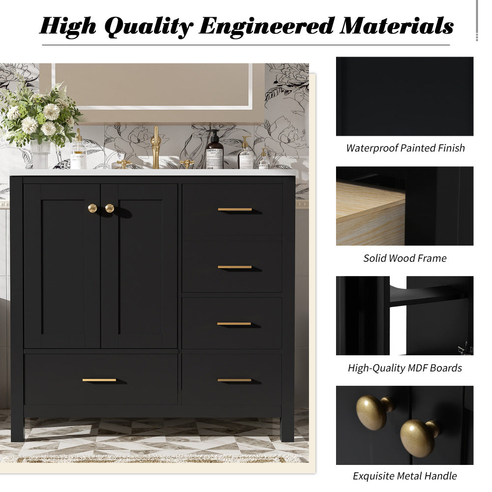 Chic Crate-36In Bathroom Vanity – Ceramic Sink w/4 Drawers & Soft-Close Doors | Solid Wood Frame | Freestanding | Black