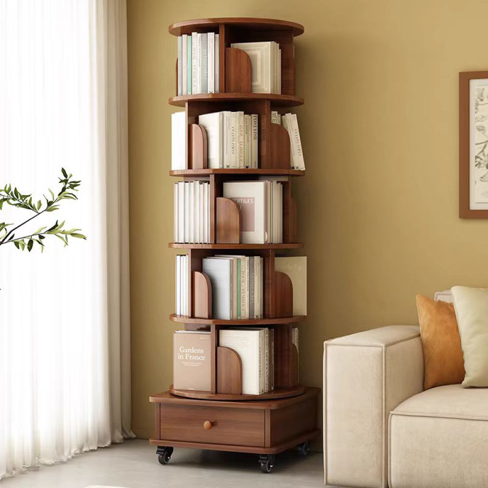 Chic Crate 6-Tier 360° Rotating Corner Bookshelf with Wheels, Narrow Bookcase for Small Spaces – Walnut Brown