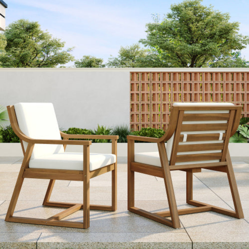 Patio Dining Chair Set of 2 Wood Armchairs with Removable Cushions for Garden and Patio