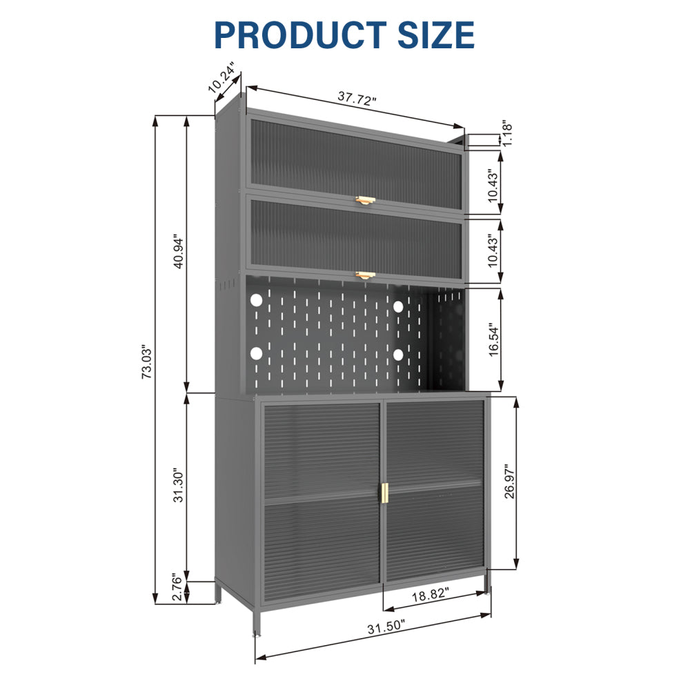 Chic Crate 73'' Tall 6-Level Flip-Door Pegboard Metal Pantry Cabinet(Grey) – Anti-Tip Hutch for Kitchen/Dining/Living Room