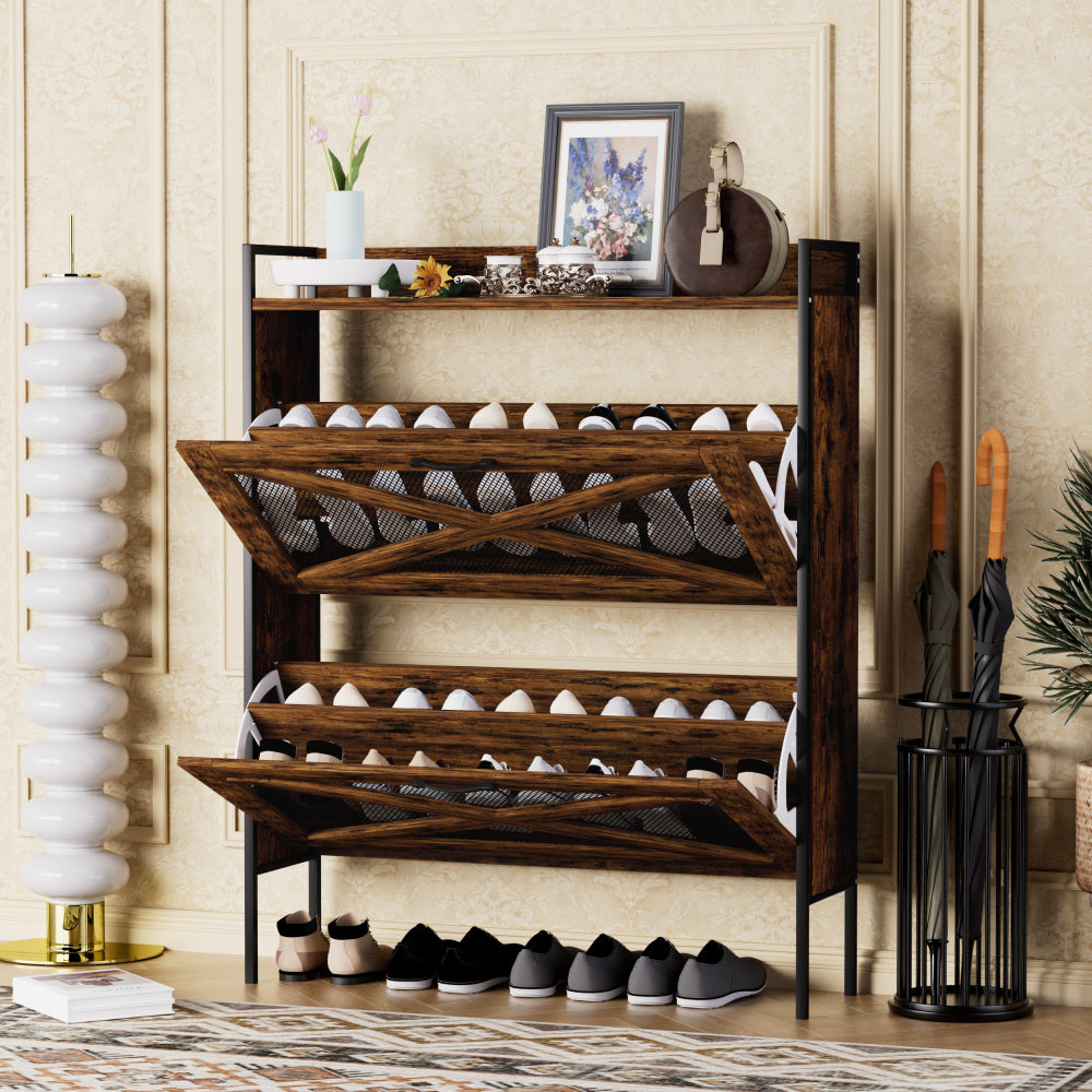 Chic Crate-2-Drawer Flip-Top Shoe Cabinet – Narrow | Entryway | Metal Legs | Rustic Brown | 31.5inx8.5inx39.5in