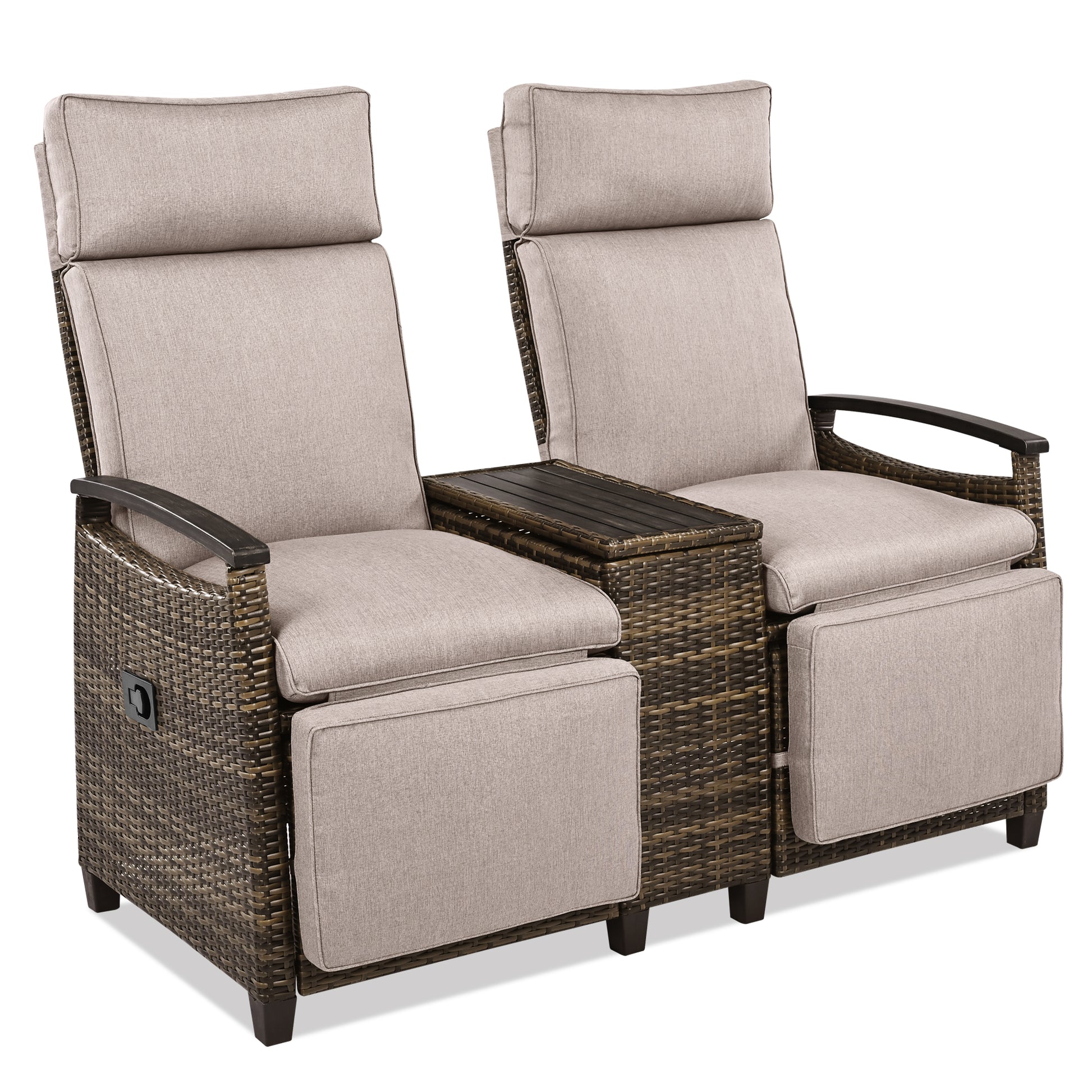 Patio Recliner Loveseat Chair, Adjustable Backrest Wicker Outdoor Lounge Chair Set with Acacia Wood Armrests and Built-in Storage Table for Balcony, Porch, Lawn, Brown