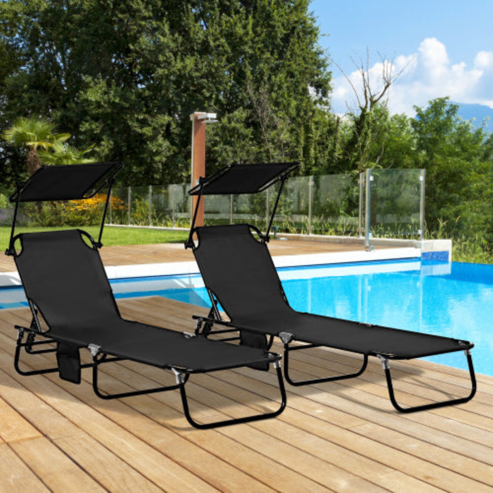 Folding Chaise Lounge Pool Chair with Canopy Shade, Reclining Back, Steel Frame & Side Pocket,  Perfect for Beach, Yard, Patio - 2 PCS Black