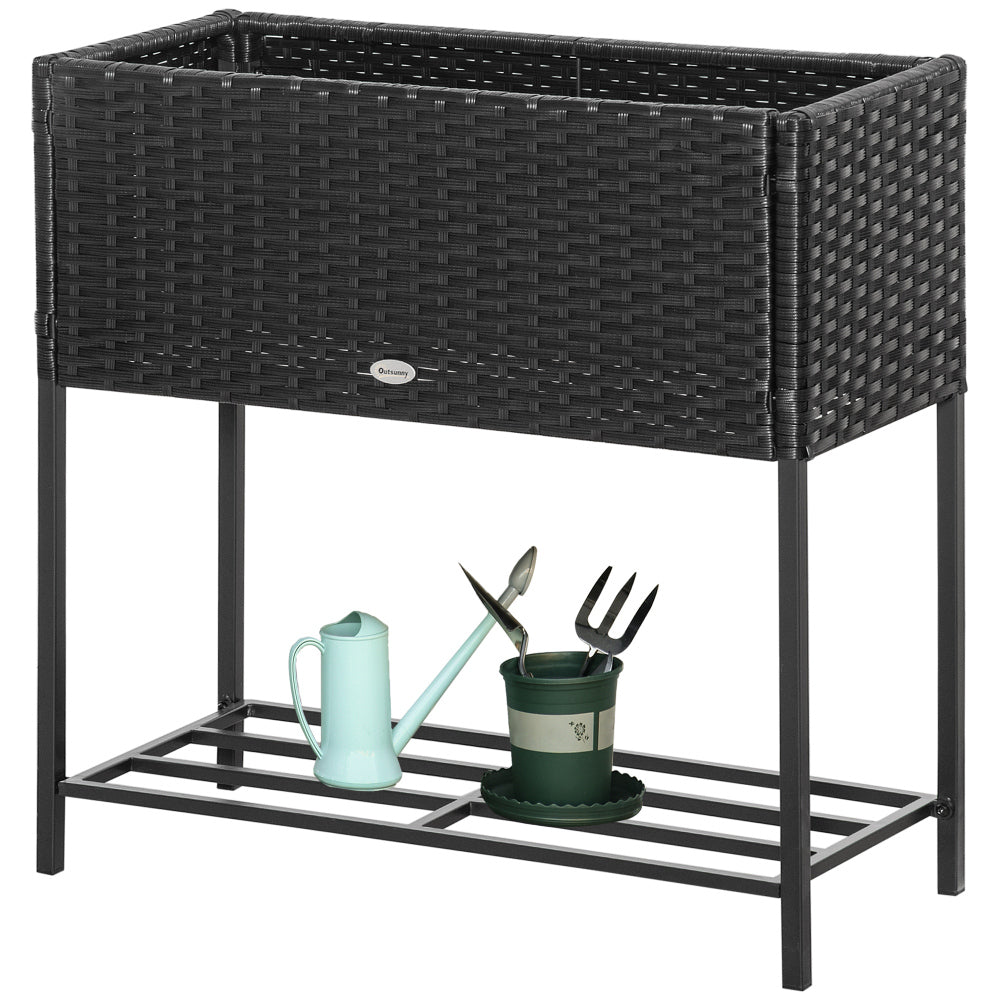 Chic Crate - Raised Garden Bed, Elevated Planter Box with Rattan Wicker Look, Tool Storage Shelf, Portable Design for Herbs, Vegetables, Flowers, Black