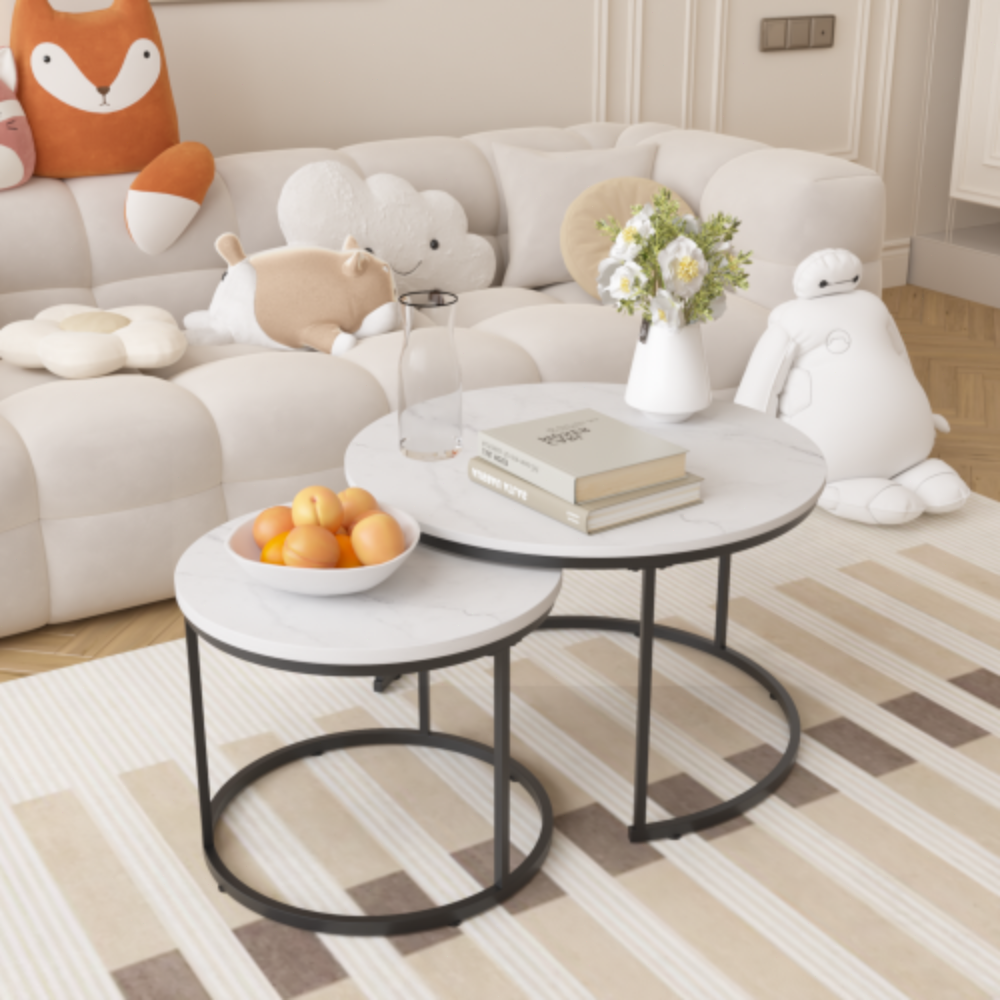 Nesting Coffee Table Set of 2, 27.6" Round Wood Marble Pattern Top, Sturdy Metal Frame, Modern Side End Tables for Home Office - White