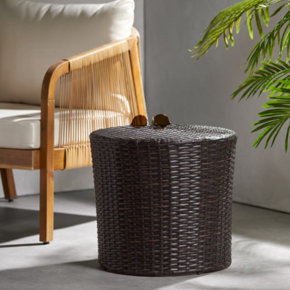 Barrel Side Table, Outdoor Wicker End Table, Durable Woven Design, No Assembly, Perfect for Patio & Home Decor