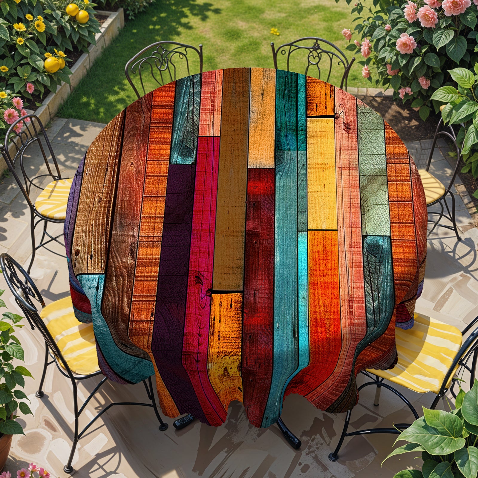 Colorful Wooden Plank Tablecloth, 60 inch round Dustproof Easy-Care Dining Table Cover for Indoor Outdoor Use and Festive Home Decor