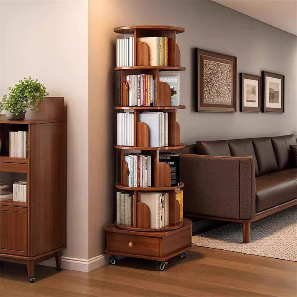 Chic Crate 6-Tier 360° Rotating Corner Bookshelf with Wheels, Narrow Bookcase for Small Spaces – Walnut Brown
