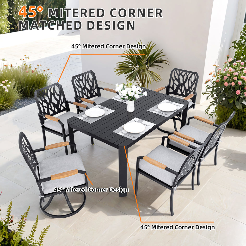 7-PC Outdoor Patio Aluminum Furniture Set, with 4 Dining Chairs & 2 Swivel Rockers Sunbrella Fabric Cushioned, Nature-Inspired Branch-Like Backrest, Rectangular Table with Umbrella Hole,Bourbon Brown