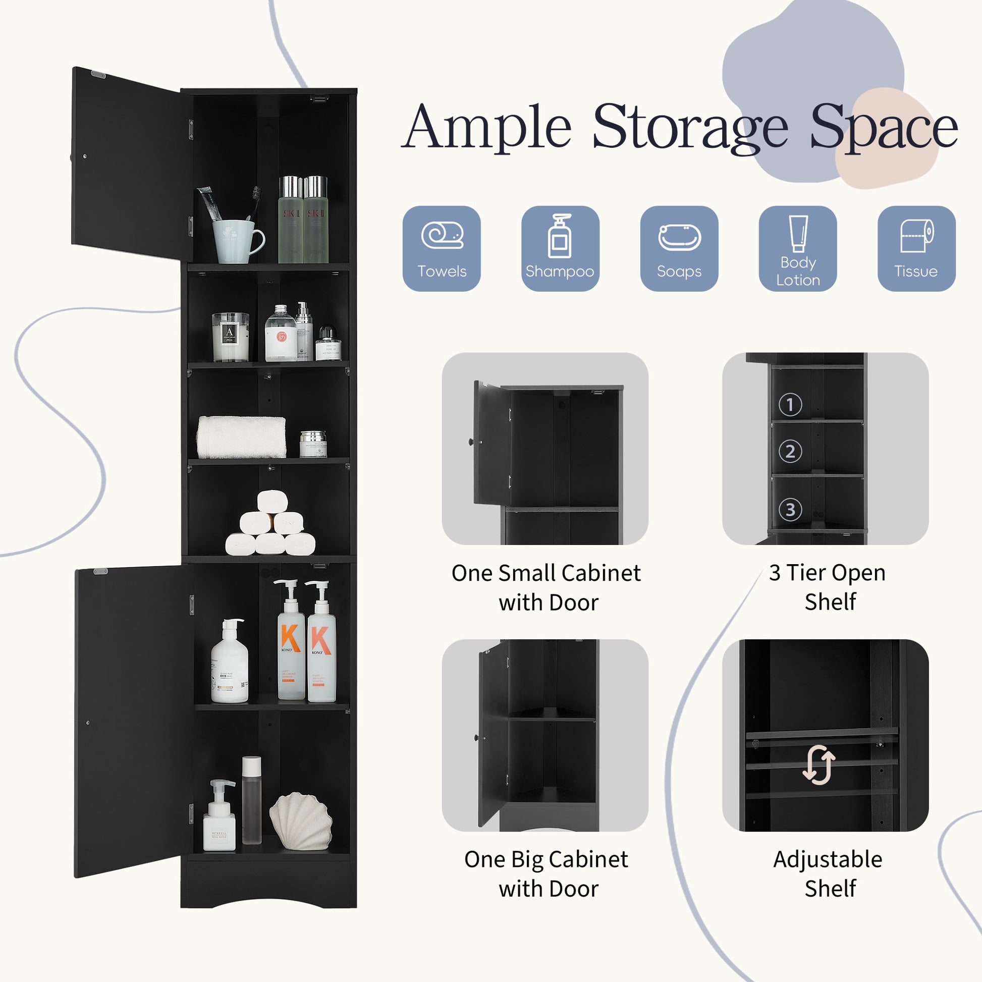 Multi-Functional Corner Cabinet Tall Bathroom Storage Cabinet with Two Doors and Adjustable Shelves, Open Shelf, Black