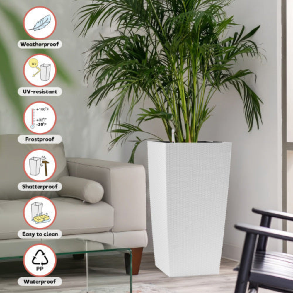 30 Inch Tall Large Flower Planter Pot with Self-Watering, Drainage Holes, Inner Tray & Water Level Monitor, for Garden Patio Porch Backyard White