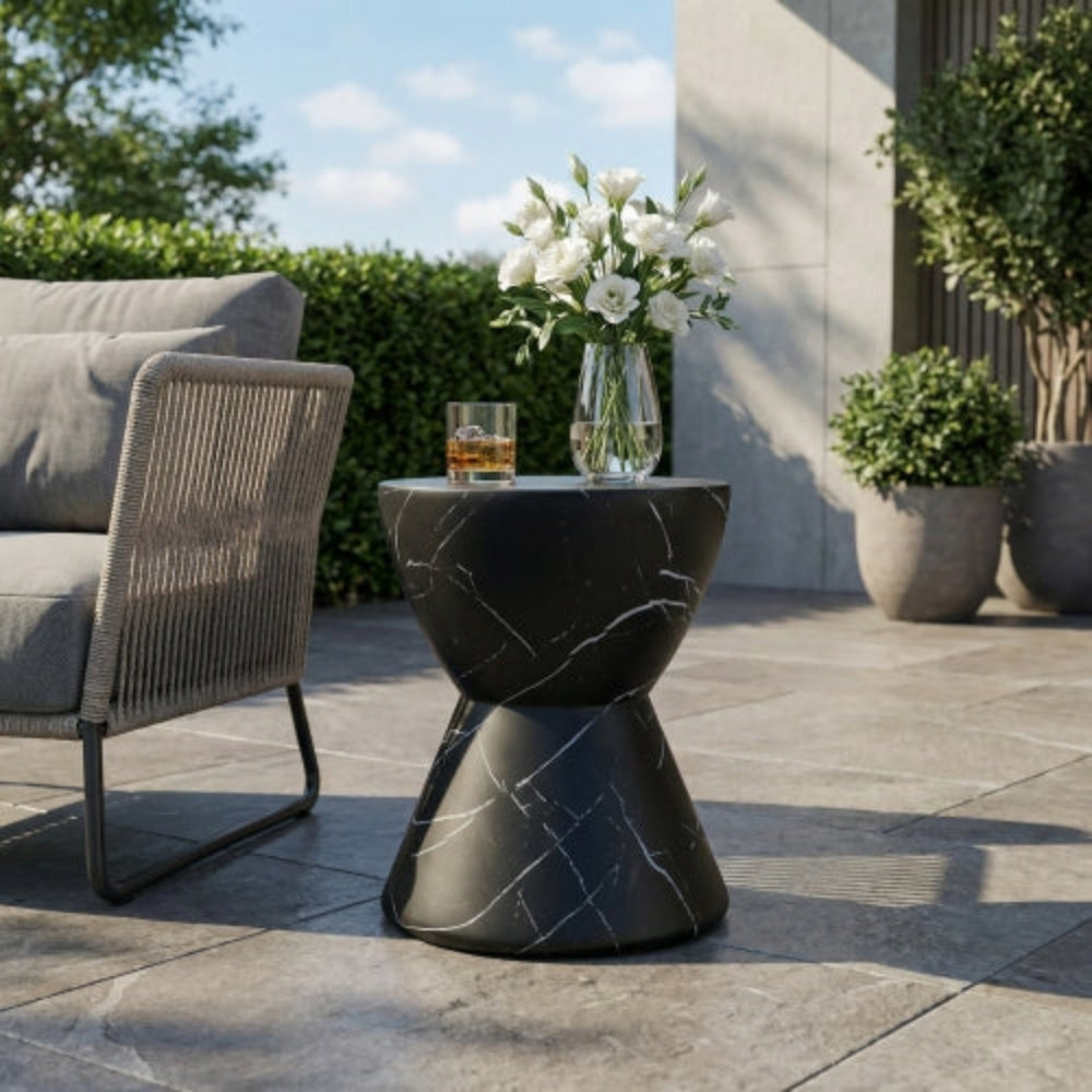 Outdoor Lightweight Concrete MGO Side Table, Marble Finish, Living Room Accent Table for Patio & Home - Black