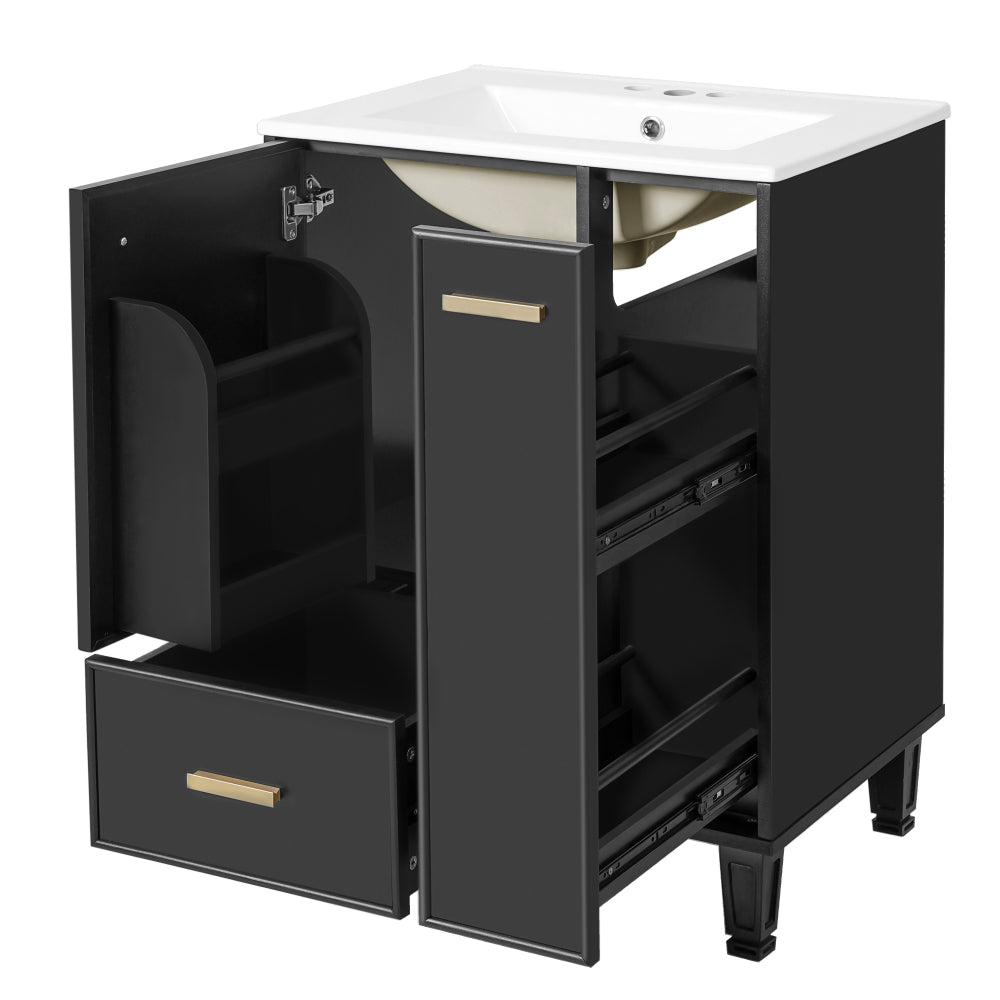 Chic Crate-24" Modern Bathroom Vanity – Sink & Deep Drawer | 2-Tier Pull-Out Basket | Solid Wood Frame | Black