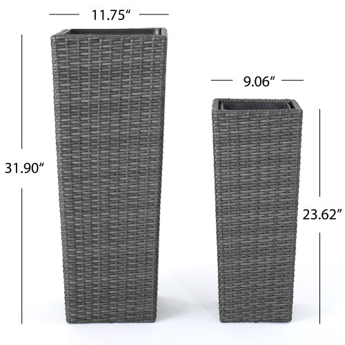 Set of 2 Wicker & Iron Frame Decorative Flower Pots, Tall Planter Set for Patio Garden Indoor Outdoor Use, Elegant Plant Pots for Herbs & Flowers