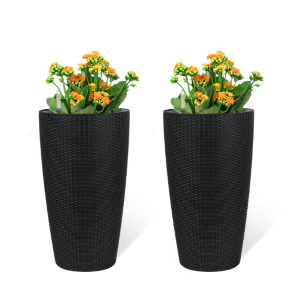 Set of 2 22 Inch Faux Rattan Tall Planters with Automatic Watering, Water Level Monitor & Inner Bucket for Garden Patio Porch Backyard, Black