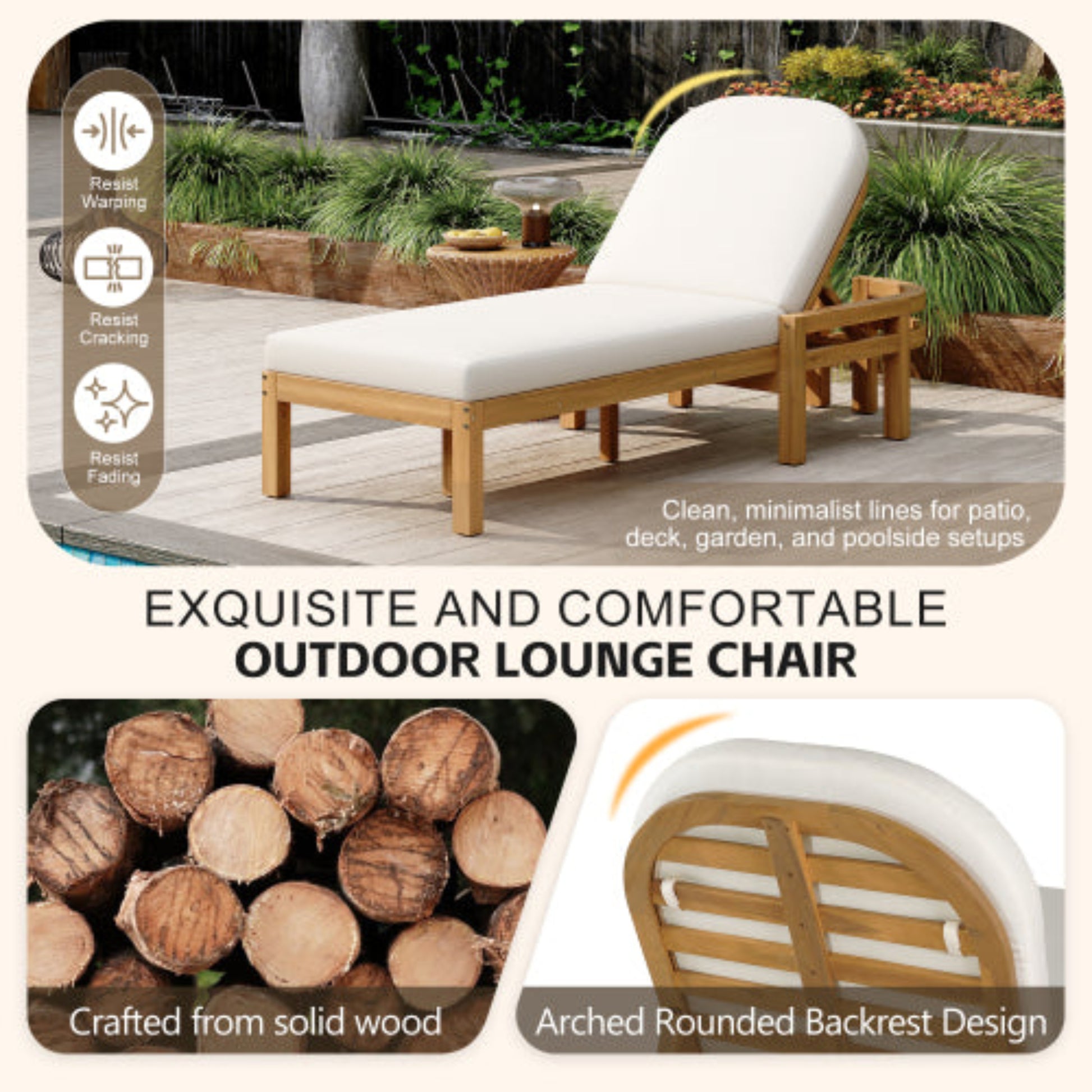 Outdoor Chaise Lounge Premium Acacia Wood Recliner with Arched Backrest for Patio and Poolside