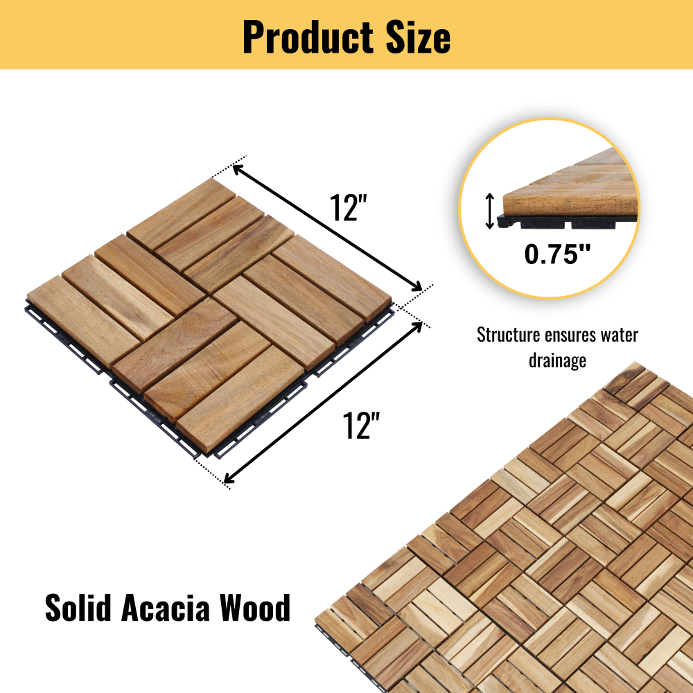 Chic Crate 10Pcs 12'' Yellow Acacia Hardwood Interlocking Deck Tiles – Checkerboard Pattern