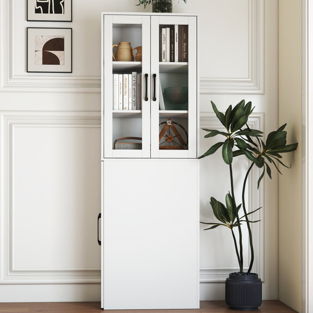 Chic Crate 70.87" Tall Display Cabinet with Glass Doors & 4‑Tier Pull‑Out Shelves – Modern Wooden Storage Bookcase Cabinet