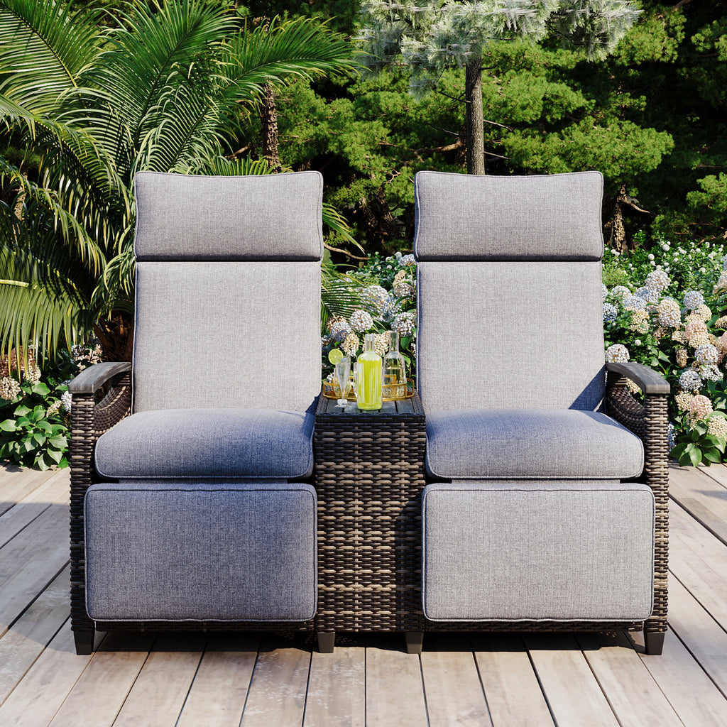 Patio Recliner Loveseat Chair, Adjustable Backrest Wicker Outdoor Lounge Chair Set with Acacia Wood Armrests and Built-in Storage Table for Balcony, Porch, Lawn, Gray