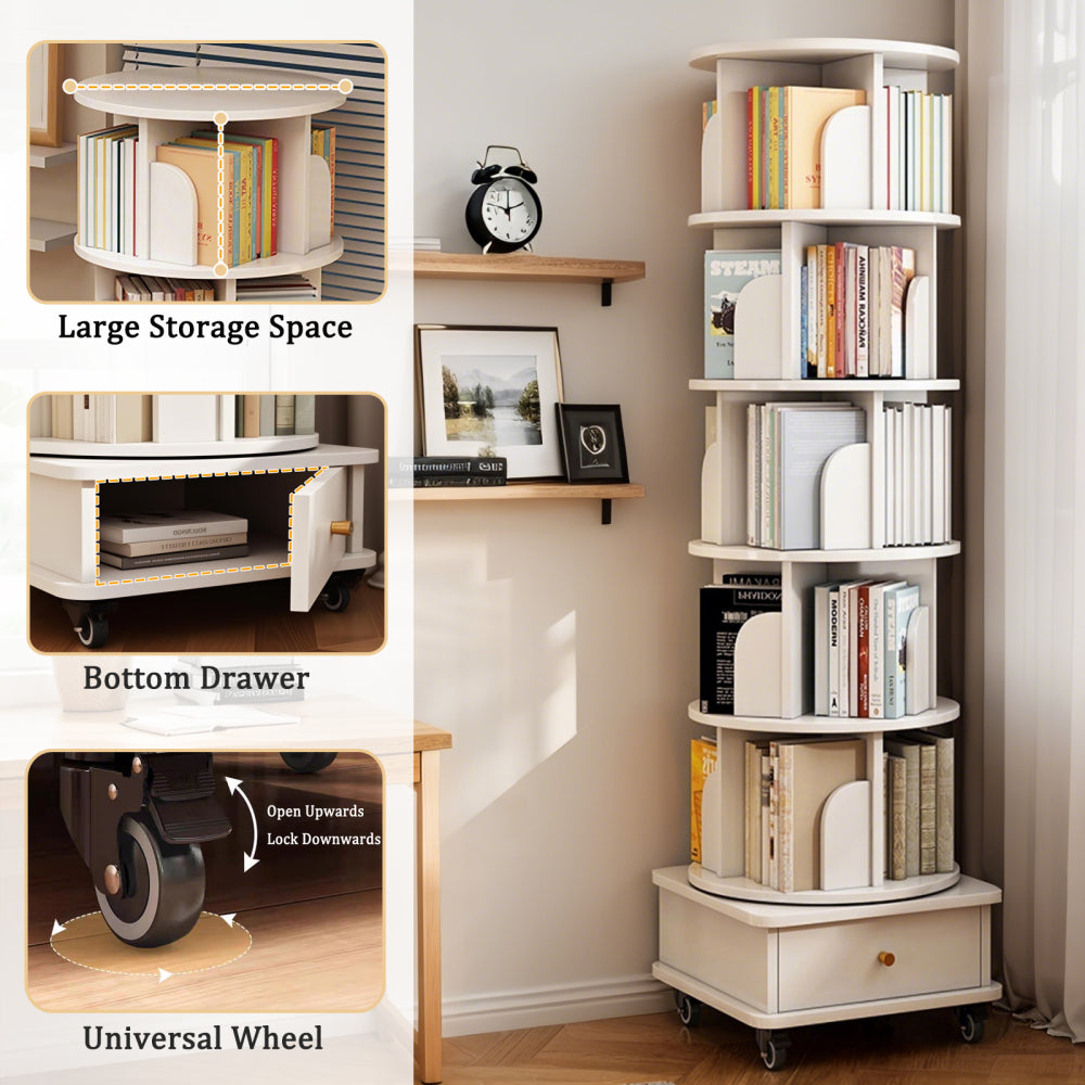 Chic Crate 6-Tier 360° Rotating Bookshelf with Wheels & Drawer, Space-Saving Bookcase for Bedroom & Home Office