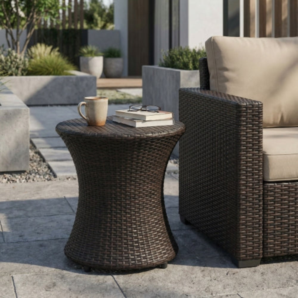 Compact Outdoor Wicker End Table, Side Table with Aluminum Frame, Weather-Resistant, No Assembly Required, Versatile for Patio, Balcony, Garden