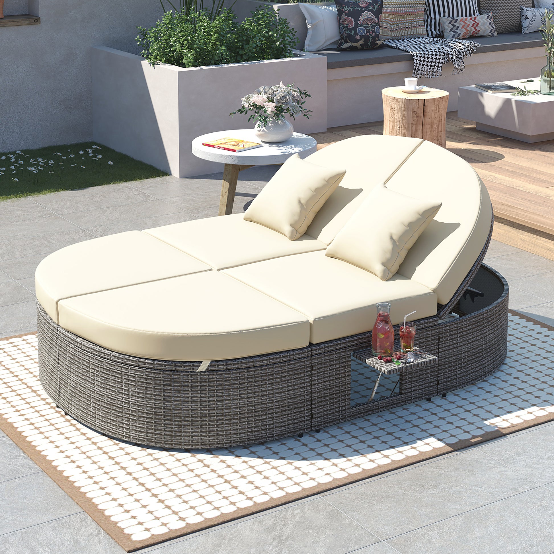 Outdoor Sun Bed Patio 2-Person Daybed with Cushions and Pillows, Rattan Reclining Chaise Lounge with Adjustable Backrests and Foldable Cup Trays
