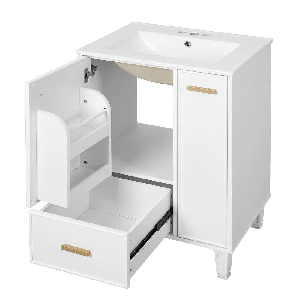Chic Crate-24" Modern Bathroom Vanity – Sink & Deep Drawer | 2-Tier Pull-Out Basket | Solid Wood Frame | White