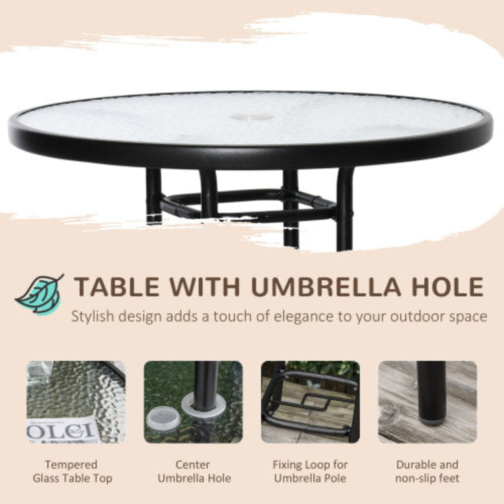 4-Piece Outdoor Patio Dining Set with Wave-Textured Tempered Glass Table, 2 Folding Chairs & Adjustable Angle Umbrella for Patio Garden - Black