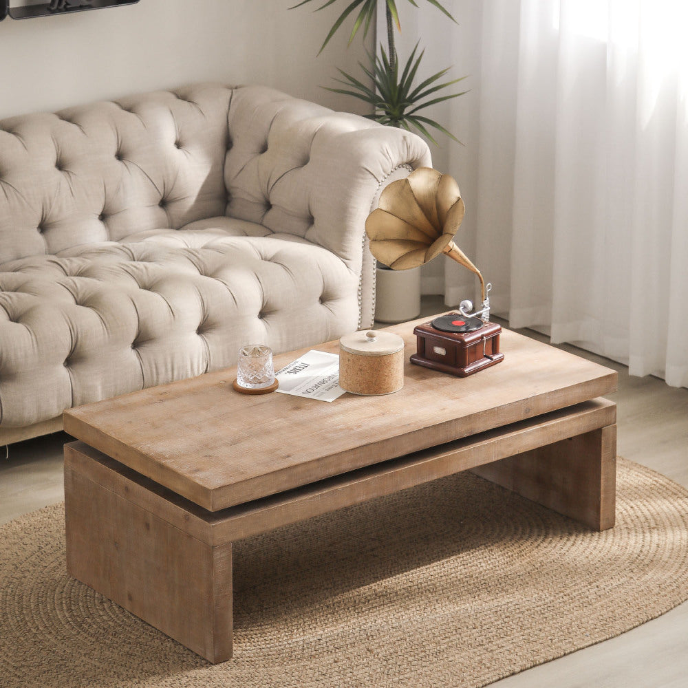 Chic Crate - Modern Rustic Wood Coffee Table with Natural Wood Grain Texture - Rectangular Living Room Center Table 47.6" L * 23.6" W * 16.3" H