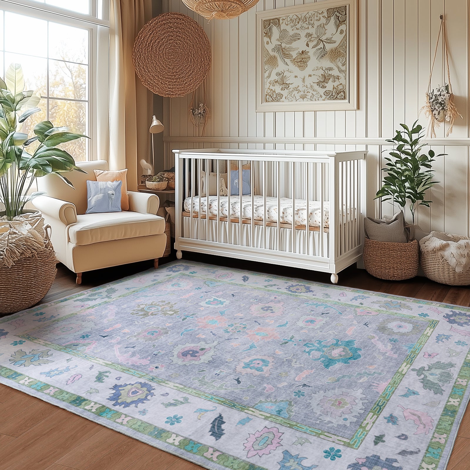 Modern Oushak Area Rug for Bedroom, Soft Washable Non-Slip Carpet, Low Pile Area Rugs for Living Room Dorm Nursery