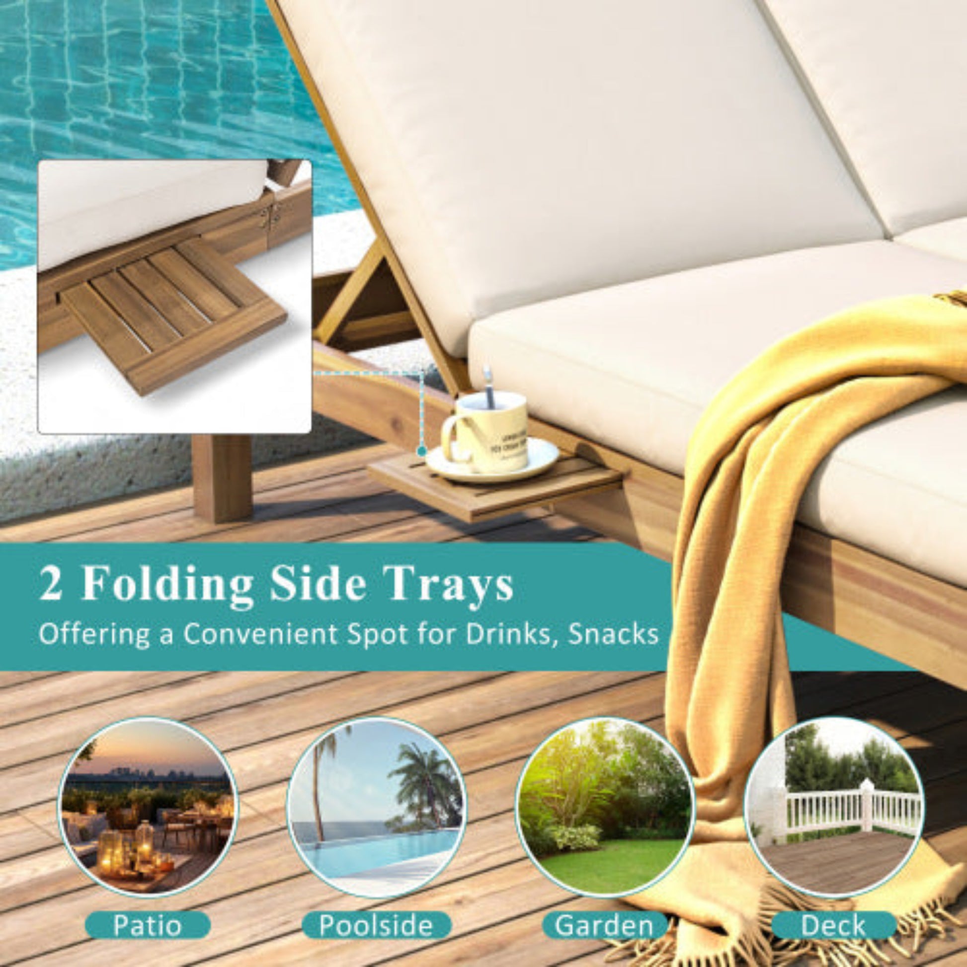 Double Chaise Lounge with Cushion and Folding Side Trays for 2 People Patio and Poolside