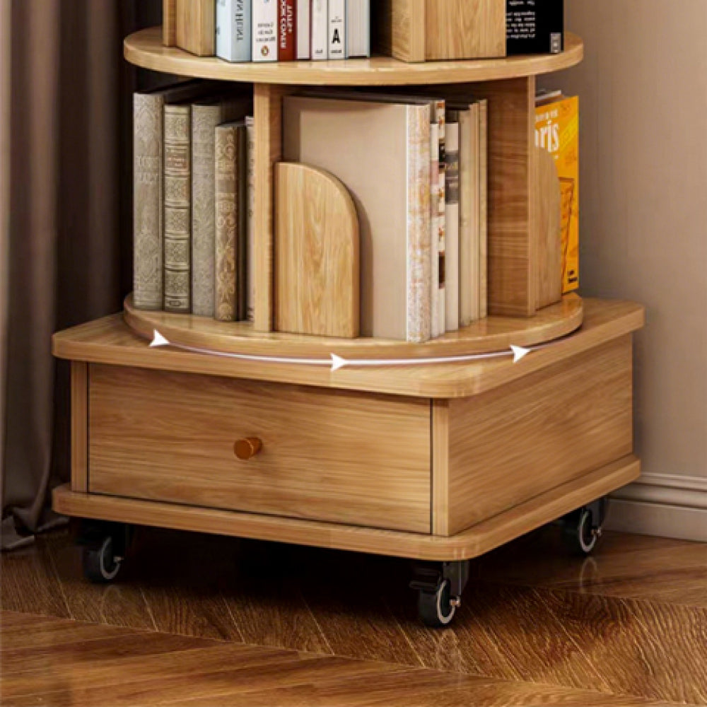 Chic Crate-5-Tier Rotating Bookshelf – 360° Display | Wheels+Drawer | Space-Saver | Bedroom/Living Room/Office | Wood