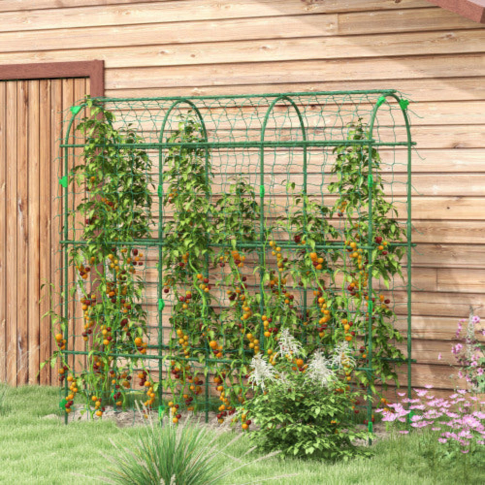 Outsunny 6' Tall A-Frame Arch Cucumber Trellis Plastic Coated Steel with Climbing Net for Outdoor Climbing Plants Peas Vegetables Fruit Vines Green