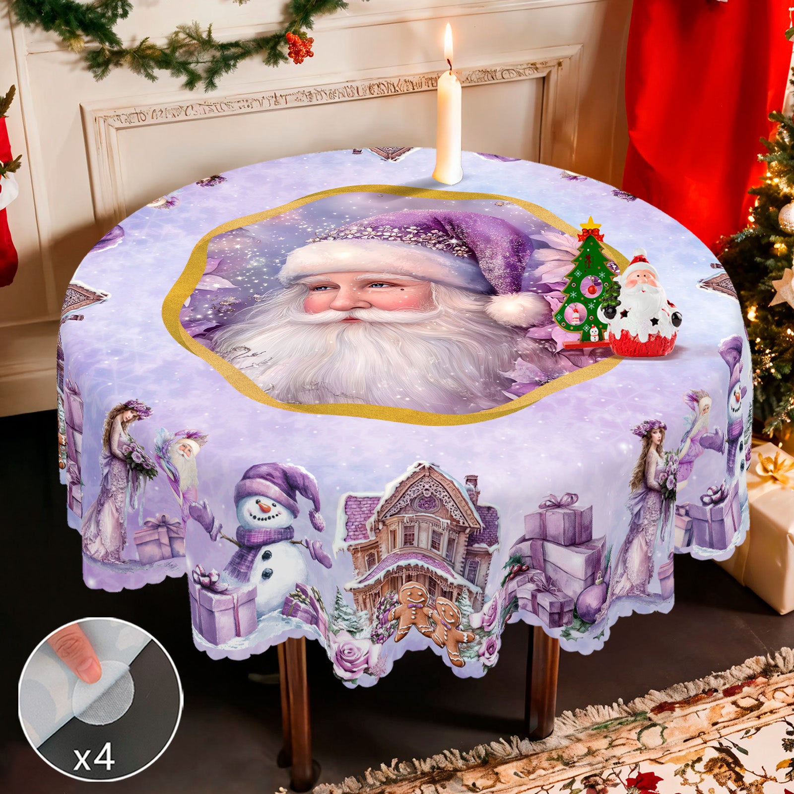Christmas Tablecloth with Santa, Reindeer and Snowman Designs, Dustproof Dining Table Cover for Festive Holiday Decor