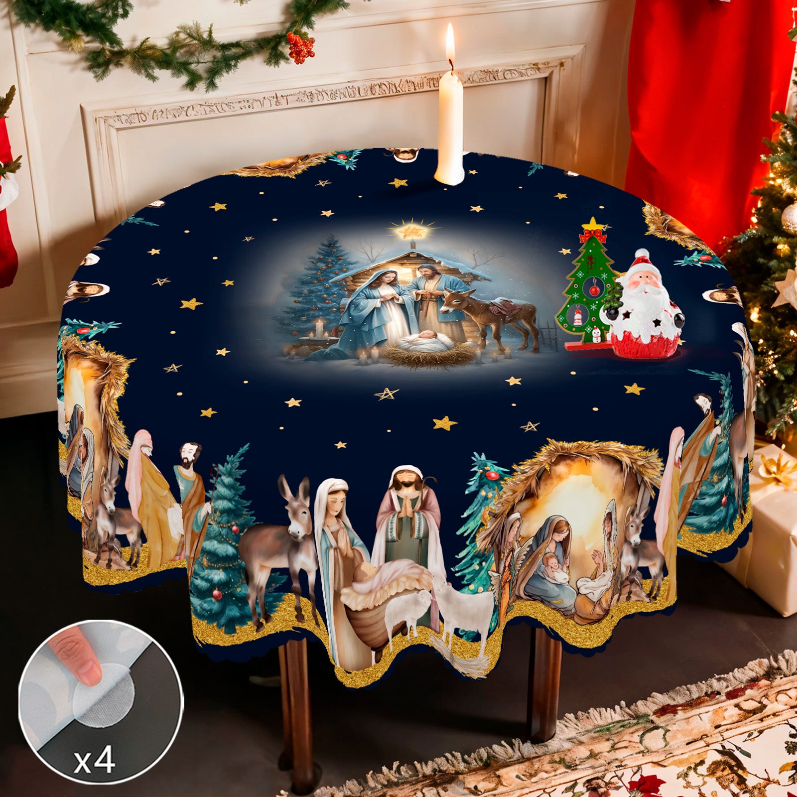 Christmas Tablecloth, Santa Claus and Christmas tree Stain-Resistant Table Cover for Dining Table Holiday Decor