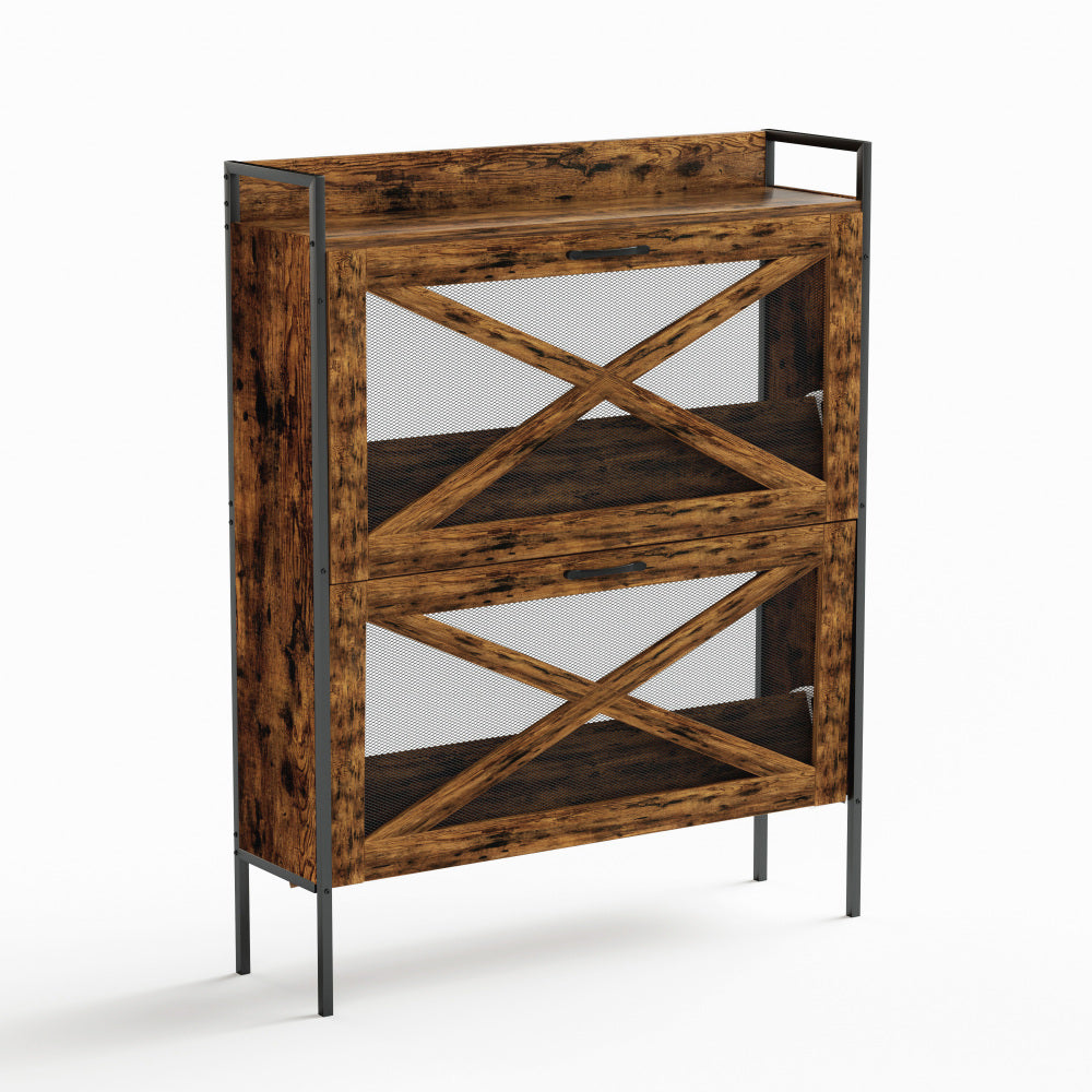 Chic Crate-2-Drawer Flip-Top Shoe Cabinet – Narrow | Entryway | Metal Legs | Rustic Brown | 31.5inx8.5inx39.5in