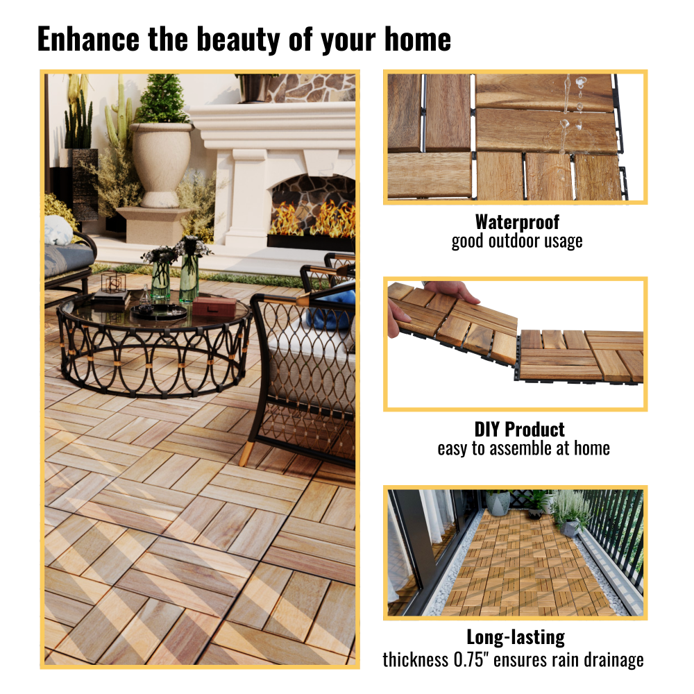 Chic Crate 10Pcs 12'' Yellow Acacia Hardwood Interlocking Deck Tiles – Checkerboard Pattern