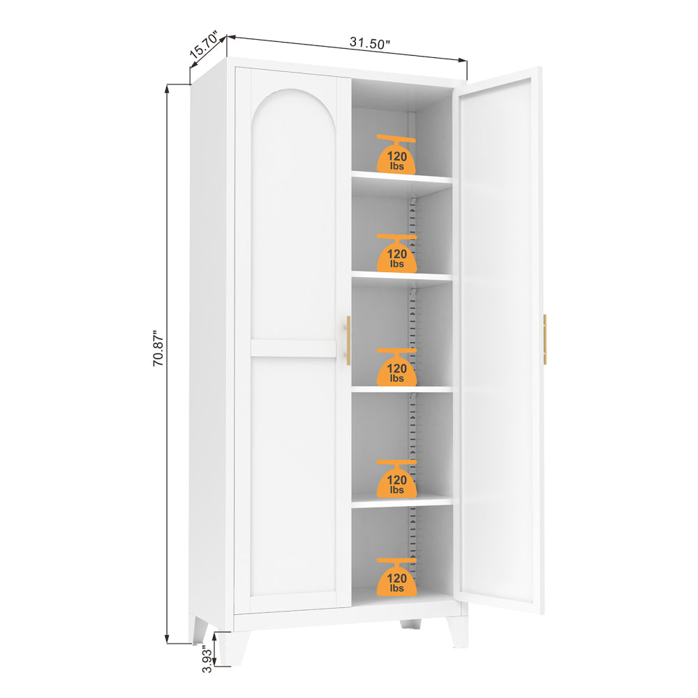 Chic Crate 71'' 2 Shapely-Door Metal Cabinet – Adjustable Shelves for Bedroom/Living/Kitchen (White)