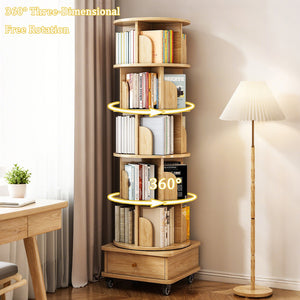 Chic Crate-6-Tier Rotating Bookshelf – 360° Display | Wheels+Drawer | Space-Saver | Bedroom/Living Room/Office | Wood