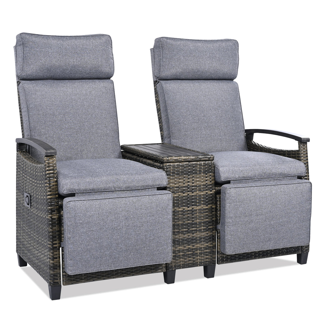 Patio Recliner Loveseat Chair, Adjustable Backrest Wicker Outdoor Lounge Chair Set with Acacia Wood Armrests and Built-in Storage Table for Balcony, Porch, Lawn, Gray