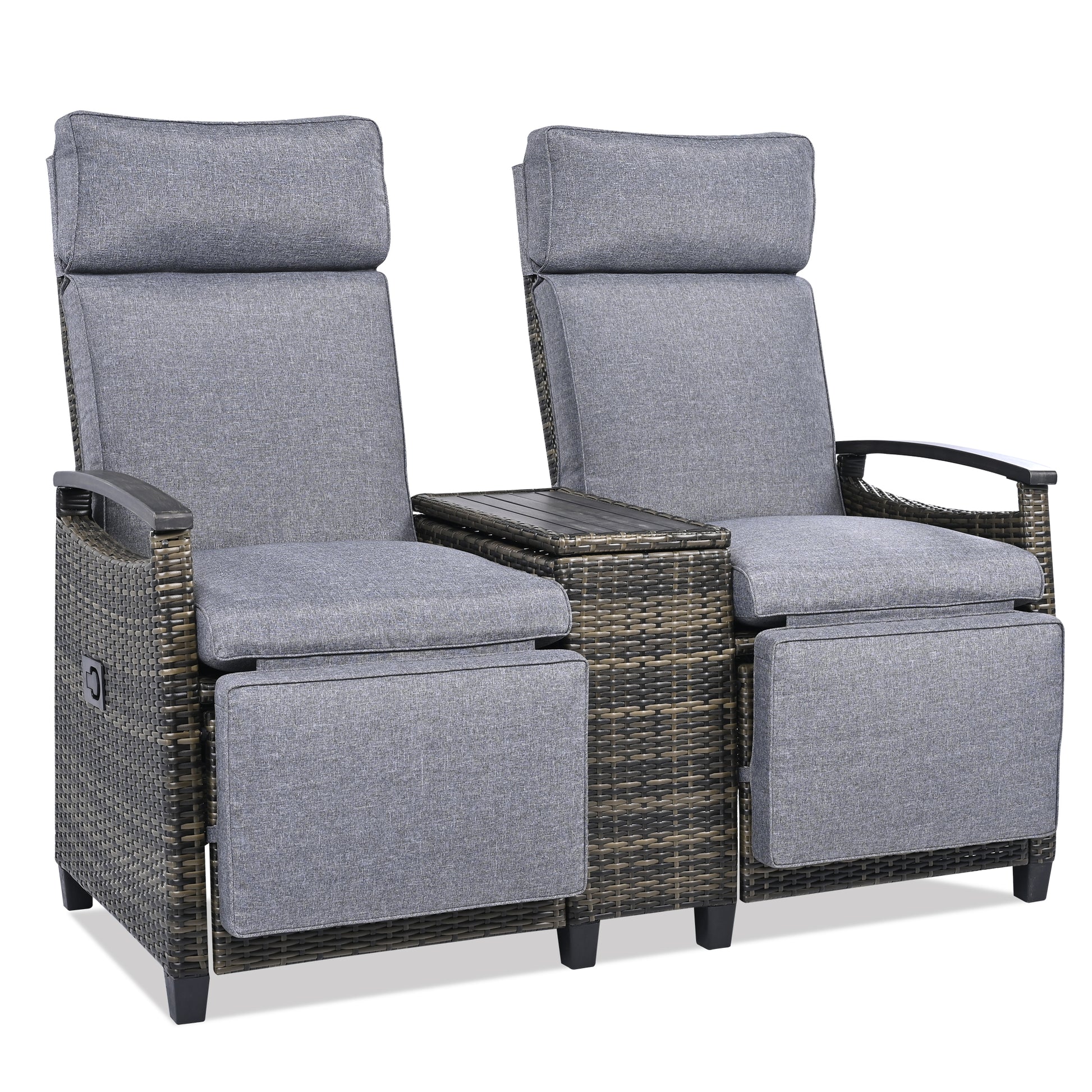 Patio Recliner Loveseat Chair, Adjustable Backrest Wicker Outdoor Lounge Chair Set with Acacia Wood Armrests and Built-in Storage Table for Balcony, Porch, Lawn, Gray