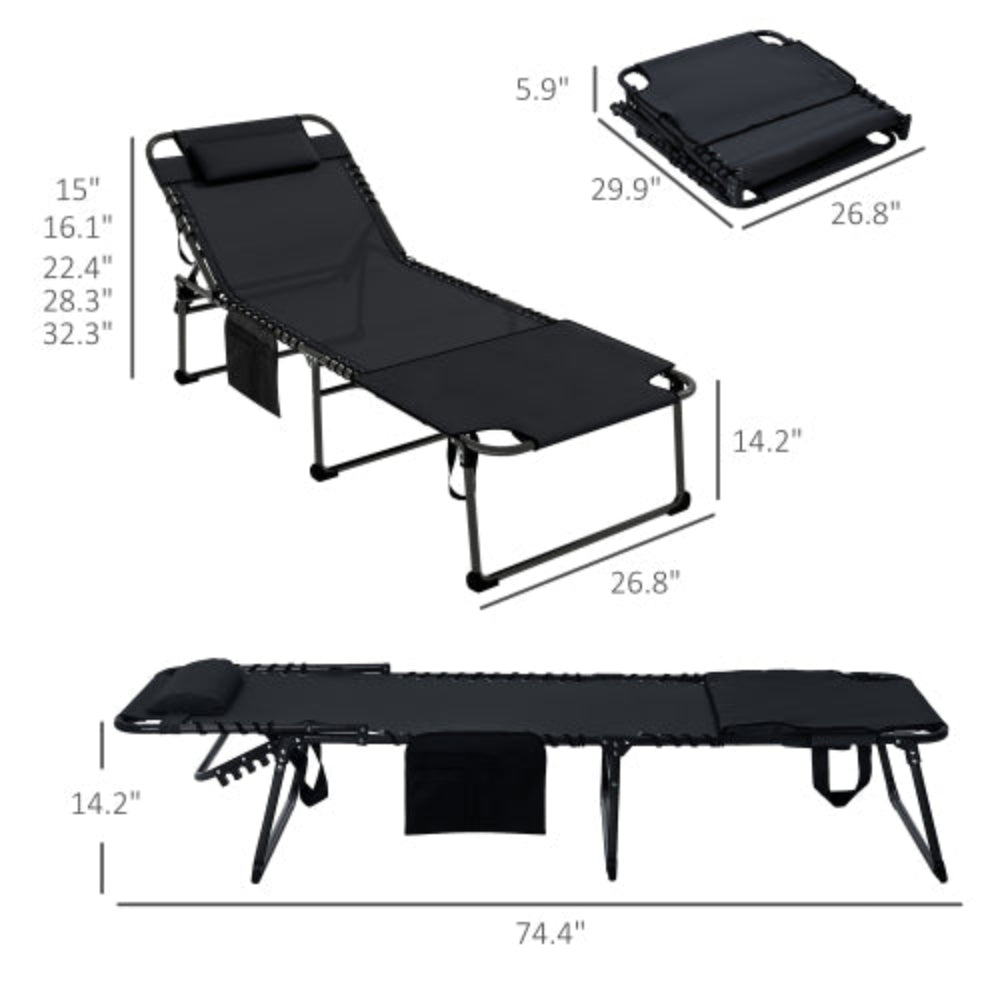 Outdoor Folding Chaise Lounge with Reclining Back and Reading Face Hole, Outdoor Lounge Chair with Side Pocket & Headrest for Yard, Patio Black