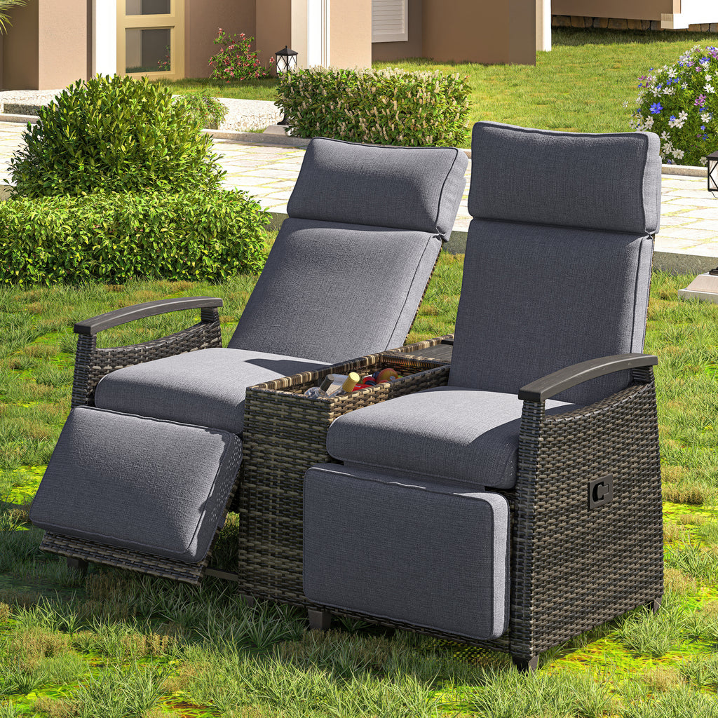 Patio Recliner Loveseat Chair, Adjustable Backrest Wicker Outdoor Lounge Chair Set with Acacia Wood Armrests and Built-in Storage Table for Balcony, Porch, Lawn, Gray