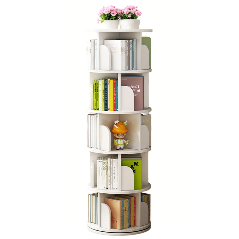 Chic Crate-5-Tier Rotating Bookshelf – 360° Display | Space-Saver | Warm White | Bedroom/Living Room/Office