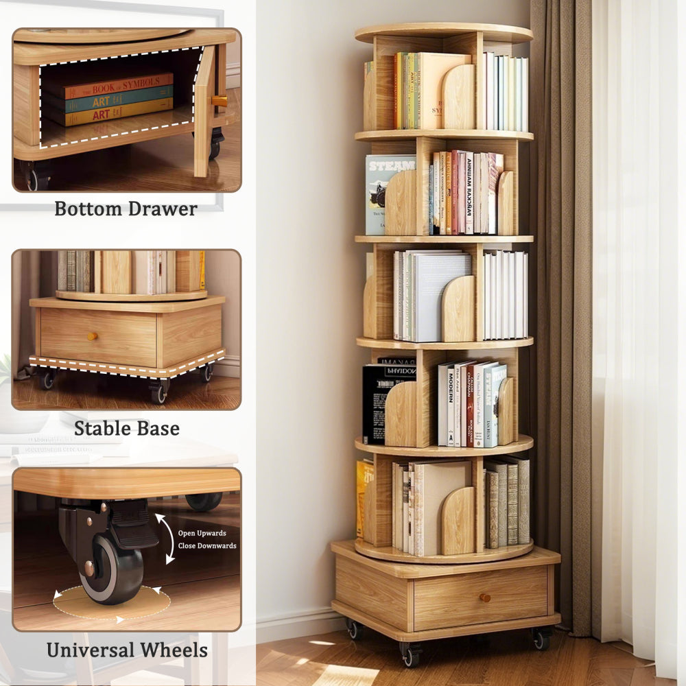Chic Crate-6-Tier Rotating Bookshelf – 360° Display | Wheels+Drawer | Space-Saver | Bedroom/Living Room/Office | Wood