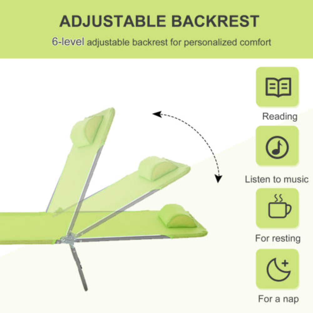 Folding Chaise Lounge Pool Chairs with Pillow, Reclining Back & Breathable Mesh, Steel Frame Outdoor Sun Tanning Seating for Beach Yard Patio, Green