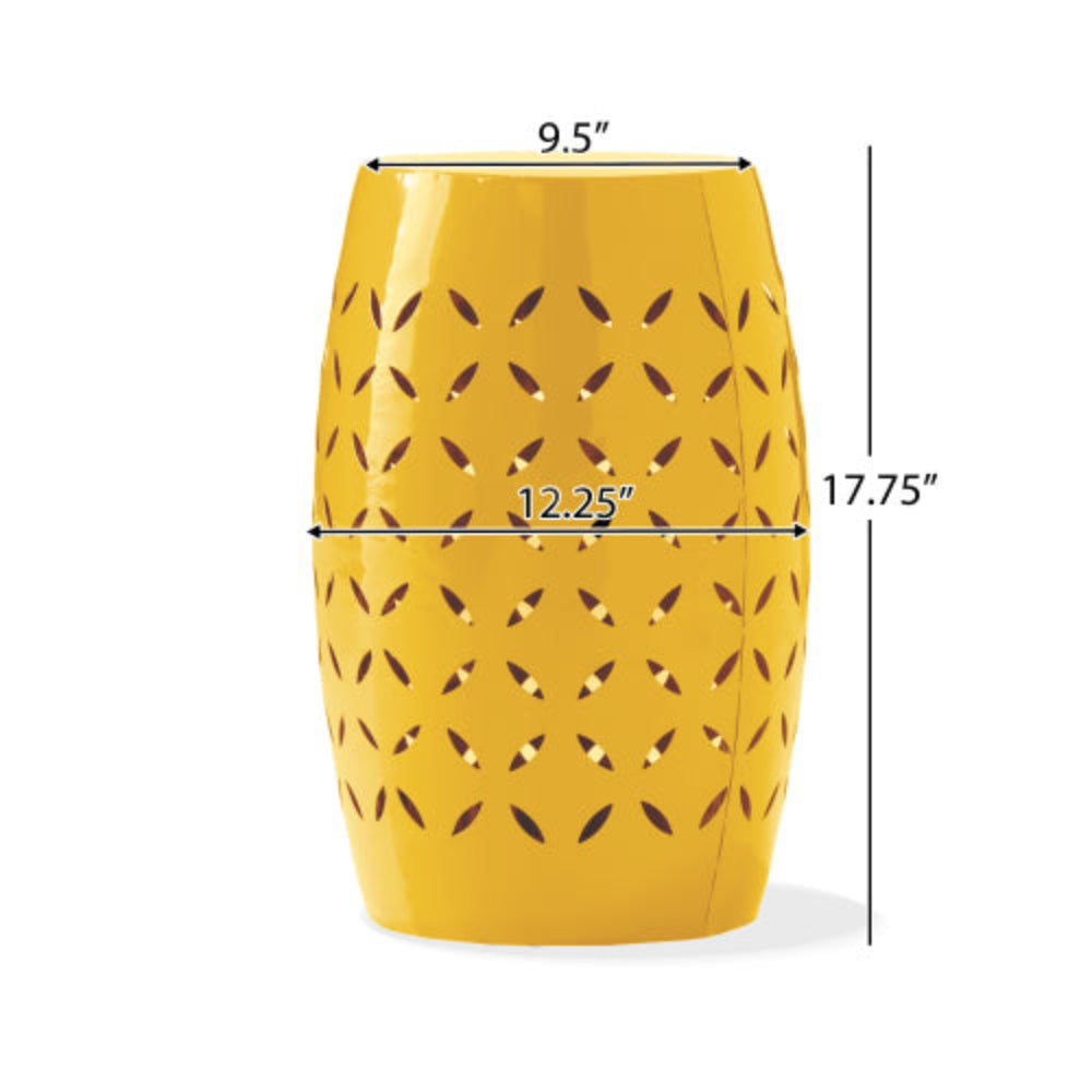 Outdoor Barrel Shaped Lace-Cut Side Table, All-Metal Construction, No Assembly, Versatile for Patio Garden Backyard - Yellow