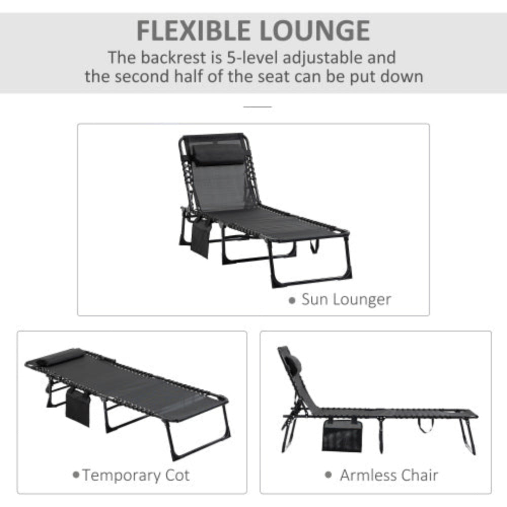 Reclining Chaise Lounge Chair, Portable Folding Sun Lounger Camping Cot with Adjustable Backrest & Removable Pillow for Patio, Garden, Beach, Black