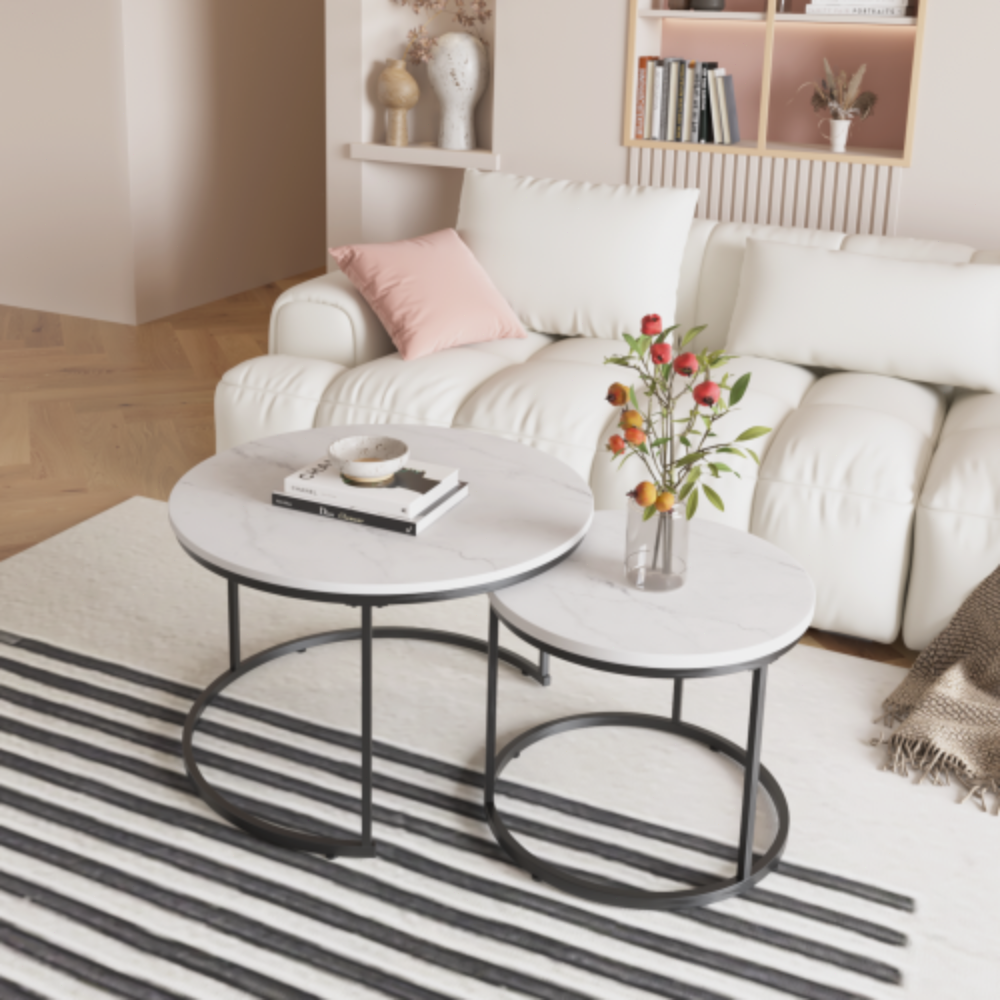 Nesting Coffee Table Set of 2, 27.6" Round Wood Marble Pattern Top, Sturdy Metal Frame, Modern Side End Tables for Home Office - White